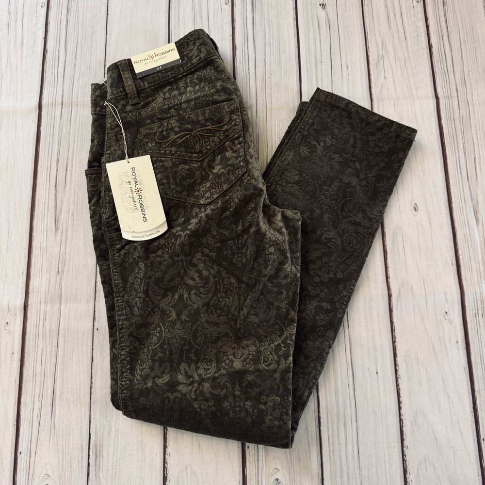 Royal Robbins Embossed Stretch‎ Corduroy Skinny Pants Women Size 4 Olive Floral